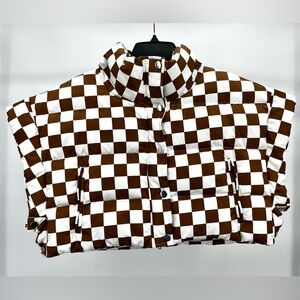 Women’s Dressed in LALA Brown and White Checkered Puffer Vest Short Cropped